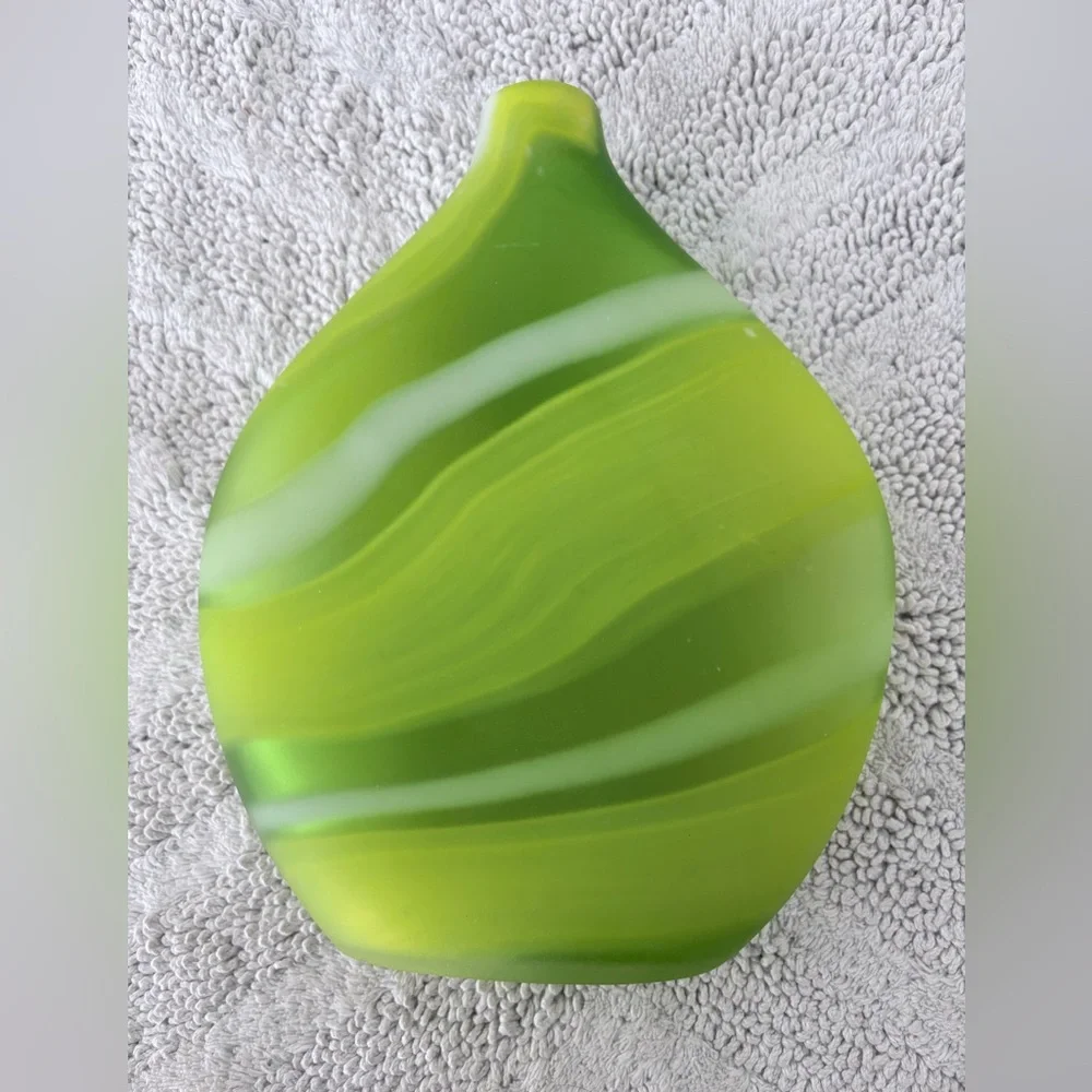 CRATE & BARREL Frosted Glass LIMA Vase Greens White Swirl 11